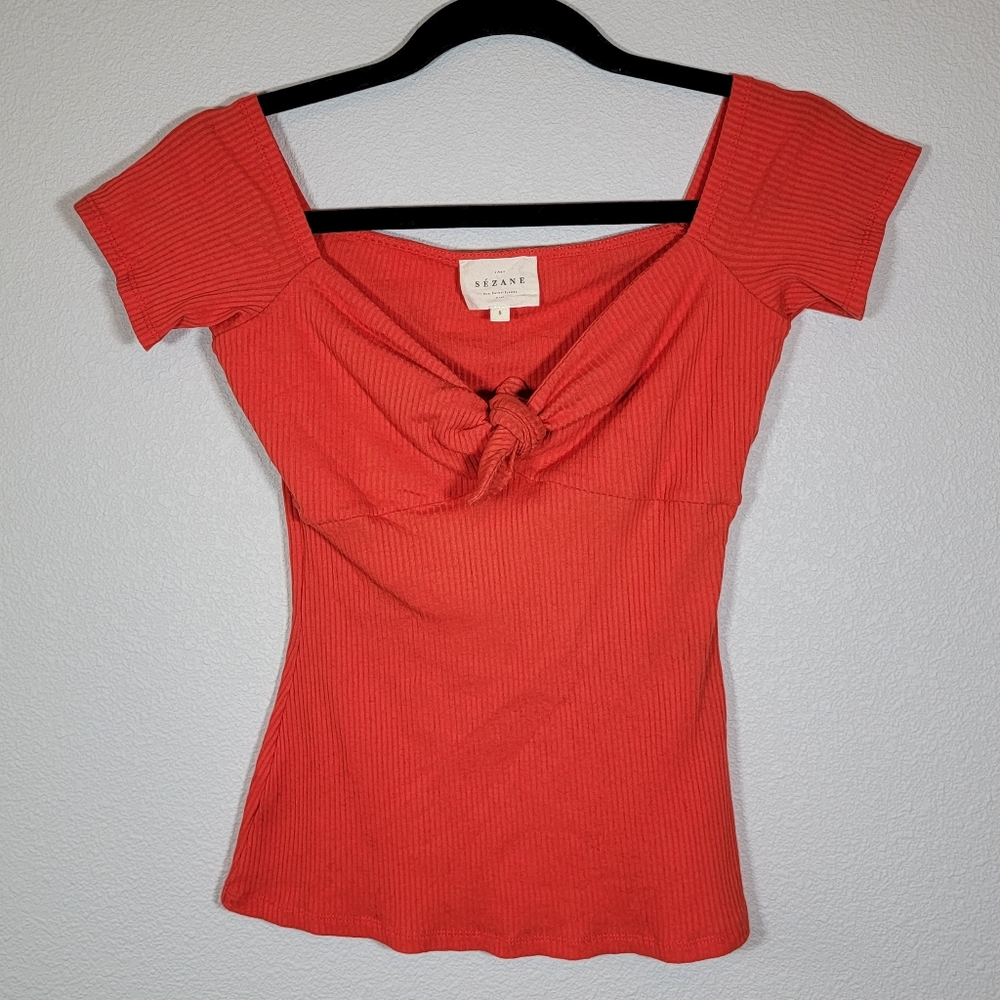 Sezane textured tie front cropped Coral top